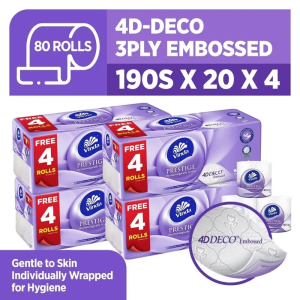 [Bundle of 4] Vinda Prestige 3 Ply 4D-Deco Embossed Toilet Paper Roll (200sx16 Rolls)