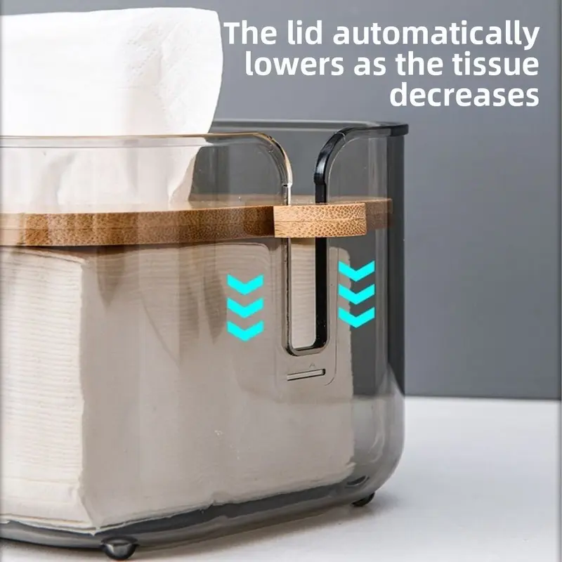 GEMMAIA Nordic Minimalist Bamboo Lid Transparent Tissue Box Waterproof Adjustable Desktop Tissue Dispenser Easy-To-Clean Space-saving Facial Tissue Holder Home Living Room - Image 2