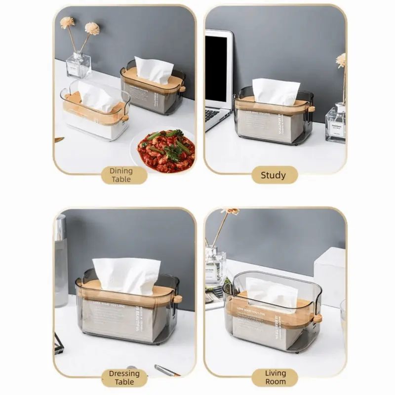 GEMMAIA Nordic Minimalist Bamboo Lid Transparent Tissue Box Waterproof Adjustable Desktop Tissue Dispenser Easy-To-Clean Space-saving Facial Tissue Holder Home Living Room - Image 3