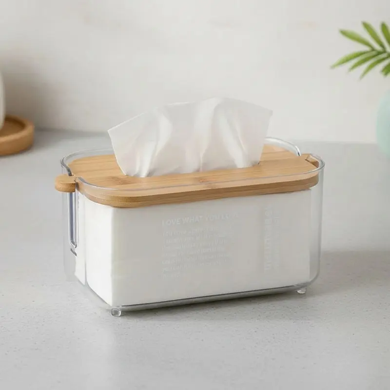 GEMMAIA Nordic Minimalist Bamboo Lid Transparent Tissue Box Waterproof Adjustable Desktop Tissue Dispenser Easy-To-Clean Space-saving Facial Tissue Holder Home Living Room - Image 6